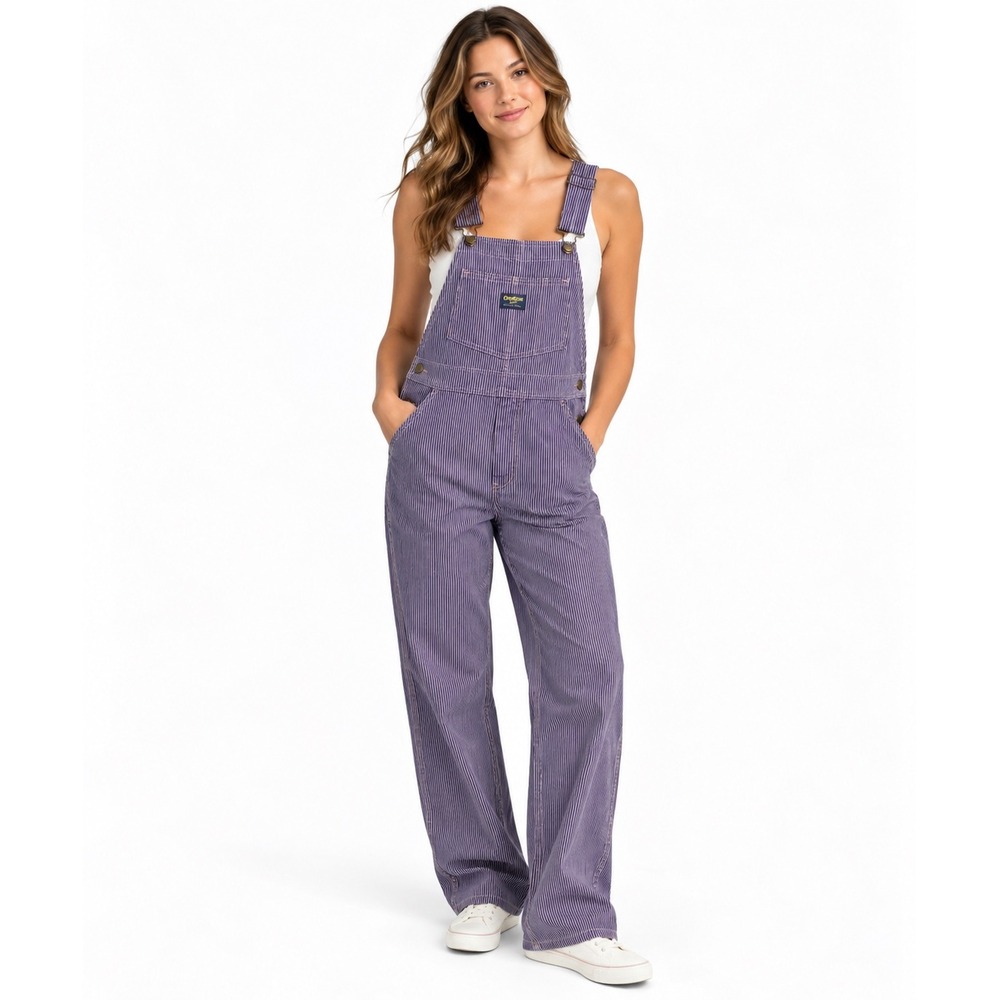 OshKosh Bgosh Vestbak Pink Navy Hickory Stripe Denim Overalls Womens S M
